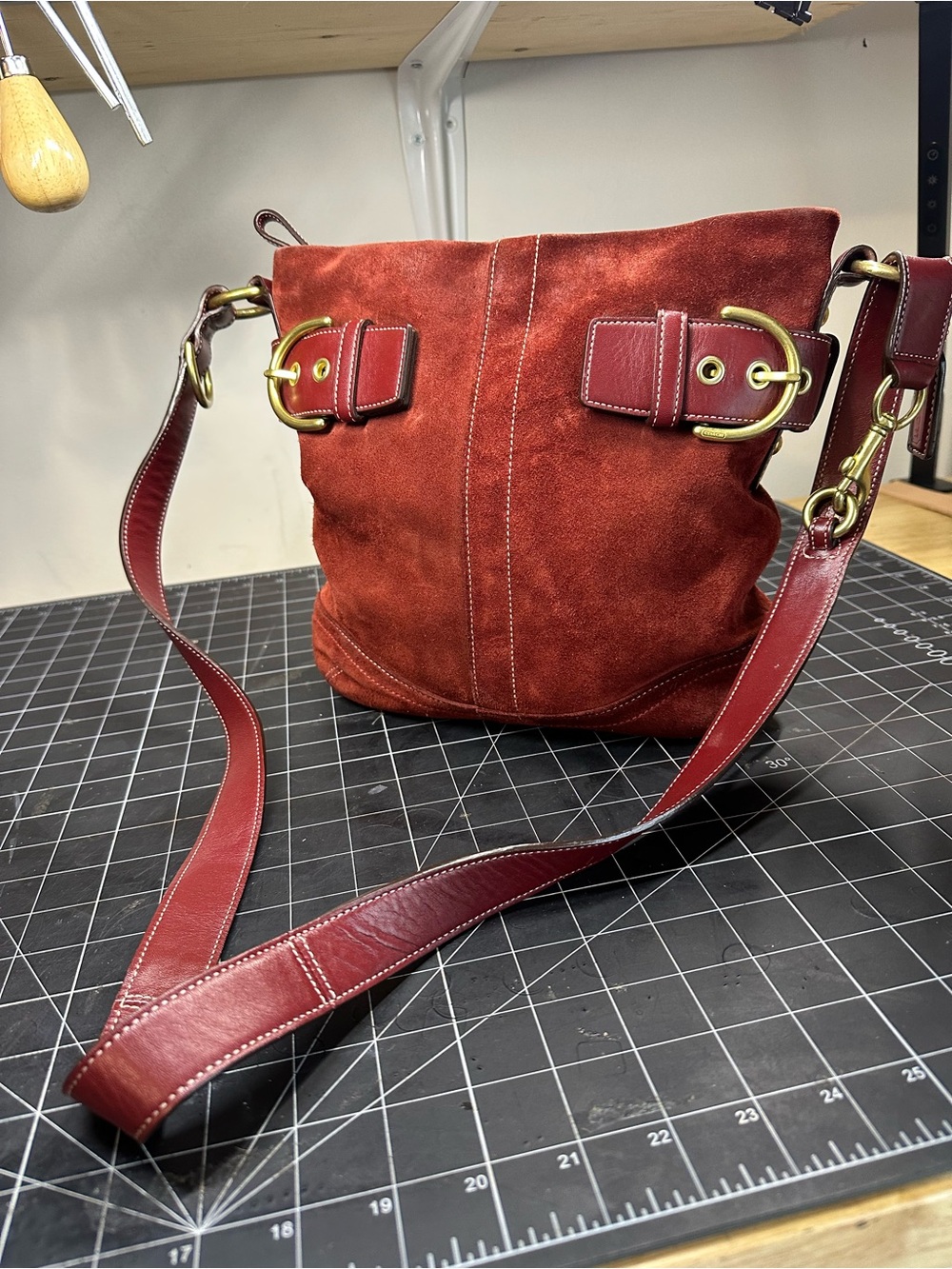 Coach Red Suede Shoulder Bag with Burgundy Leather Strap and Brass Hardware